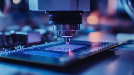 A high-tech laser engraver performs precision work on an electronic circuit board in a modern manufacturing environment.