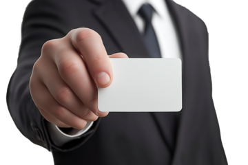 Isolated male professional in suit presenting blank business card with space for your print or message. Formal introduction and business card mockup.