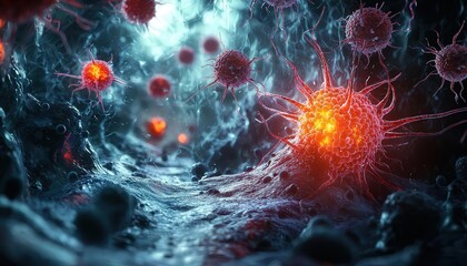 A surreal interpretation of an immune system overreaction, with abstract visuals of cells attacking the skin, resulting in a painful rash, the scene dark and intense