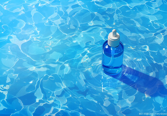 This high-quality close-up image features an elegant blue glass cosmetic bottle mockup, bottle in the water, ideal for showcasing beauty and skincare products