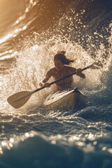 Closeup view of kayaking in sea water with splashes