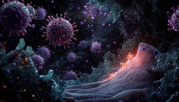 A surreal interpretation of an immune system overreaction, with abstract visuals of cells attacking the skin, resulting in a painful rash, the scene dark and intense