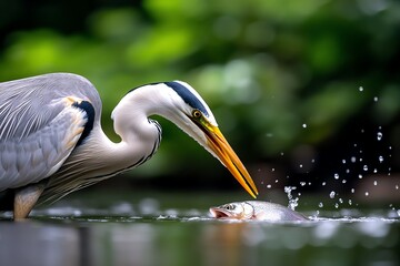 Obraz premium A heron stalking its prey in a river, beak poised for the perfect strike as a fish swims nearby