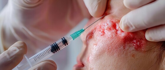 A cinematic portrayal of a person receiving an emergency injection, their skin red and swollen with rashes, highlighting the lifesaving moment during an anaphylactic reaction