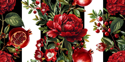 Seamless vector pattern with pomegranates, red garden flowers and berries isolated on a changeable background. Vintage painting style illustration.
