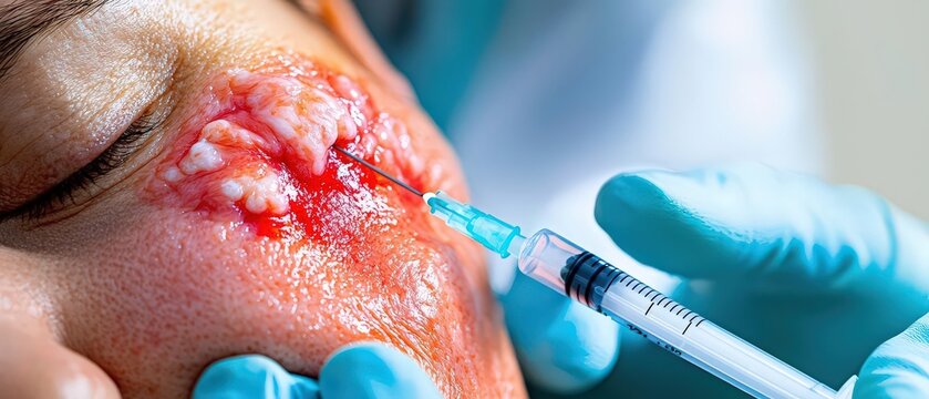 A cinematic portrayal of a person receiving an emergency injection, their skin red and swollen with rashes, highlighting the lifesaving moment during an anaphylactic reaction