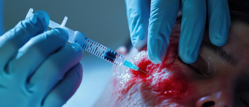 A cinematic portrayal of a person receiving an emergency injection, their skin red and swollen with rashes, highlighting the lifesaving moment during an anaphylactic reaction