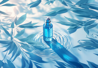 This high-quality close-up image features an elegant blue glass cosmetic bottle mockup, bottle in the water, ideal for showcasing beauty and skincare products
