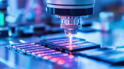 A close-up of an automated laser cutting machine working on a microchip in a modern factory environment. 