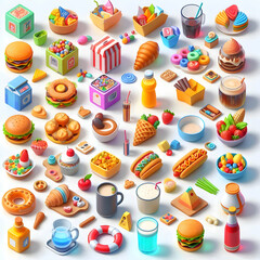 Hyper detailed colorful 3D food and beverage industry icon sets isolated on a white background