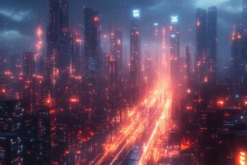Obraz premium futuristic ai cityscape holographic interfaces data streams neural network patterns glowing circuit pathways abstract geometric shapes deep blues and purples