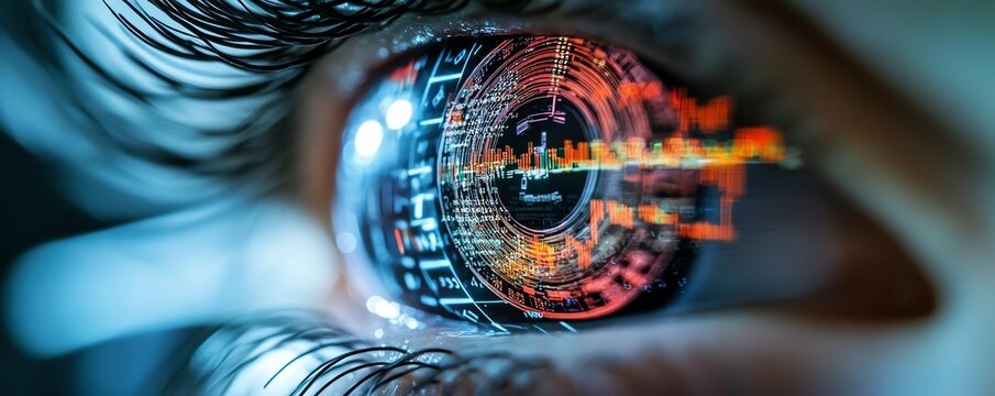 A close-up of an eye showcasing intricate digital patterns and vibrant colors, representing technology and innovation.