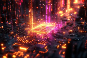 Fototapeta premium futuristic ai microchip emitting colorful light beams conceptual technology visualization circuit board details