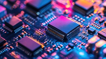 A detailed close-up of multiple microchips on a circuit board, illuminated by vibrant blue and pink lighting. 