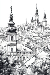 Fototapeta premium Cluj, Napoca, black and white pen pencil hand-drawn effect portrait drawing illustration for travel poster, card, wallpaper, backdrop or banner. Modern, clear, artistic and simple