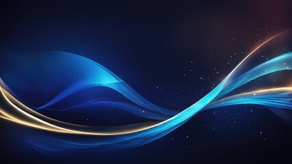 A smooth, flowing abstract design featuring blue and gold waves against a dark background.