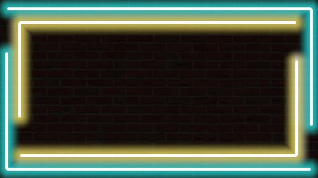 Animation of four neon lines in blue and yellow forming a rectangular frame against a brick wall background. 
