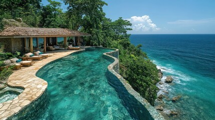 Obraz premium Stunning infinity pool overlooking the ocean in a tropical setting.
