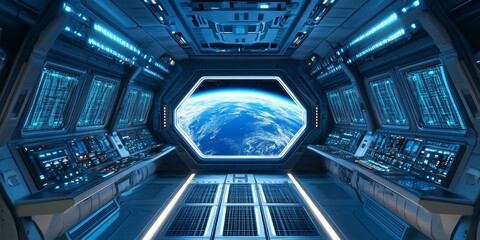 A hyper-realistic spaceship panel made of metal, with a top squared panoramic view of space, featuring neon blue and purple details