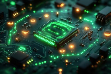 Obraz premium futuristic circuit board design with glowing neon traces and data nodes creating an abstract technological wallpaper in deep blue and electric green