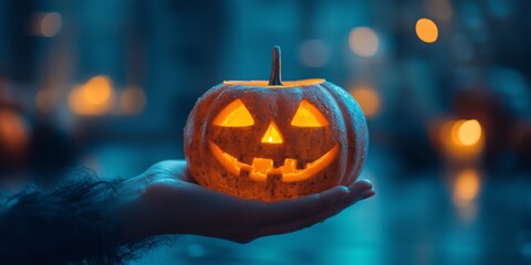 Obraz premium A hand holding a glowing Jack-o'-lantern against a dim, atmospheric background, symbolizing Halloween and spooky season.