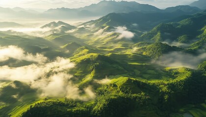 Obraz premium Stunning Aerial View Of Pa Bong Piang Terraced Rice Fields In Chiang Mai, Thailand: Majestic Mountain Valley And Lush Nature Landscape. Roof Plan Included.