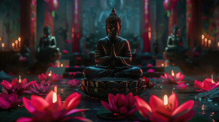 Lord buddha statue in dark with lotus flowers and candles background.