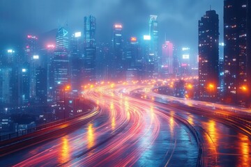 Obraz premium futuristic cityscape at night streaking light trails from vehicles towering neonlit skyscrapers long exposure creating sense of speed and urban energy