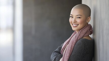 Smiling portrait of a beautiful Asian woman with a shaved head, dressed in a comfortable cardigan and scarf, standing in a minimalist grey room. Her confident and serene expression highlights her stre