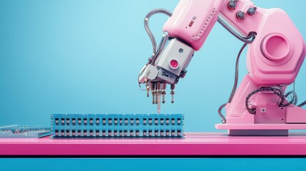 Futuristic Robotic Arms Assembling Circuit Boards in Neon Colors
