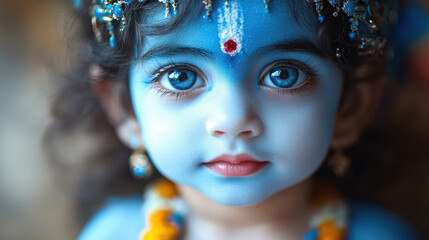 Cute little baby Krishna with blue skin on light background. Birthday of Krishna, eighth avatar of Vishnu. Shree Krishna
