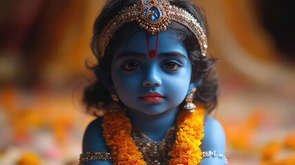 Cute little baby Krishna with blue skin on light background. Birthday of Krishna, eighth avatar of Vishnu. Shree Krishna