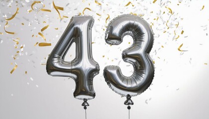 Silver birthday / anniversary balloon, number 43, white background with confetti
