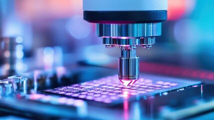 A close-up image of a laser etching process on a microchip circuit board, highlighting the precision and intricacy of modern electronics manufacturing.