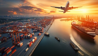 Cargo Plane Flying Above Ship Port, Covering World Map Of Import-Export: Network Logistics Partnership Connection At Busiest Container Ports With Ships Loading And Unloading In Background.