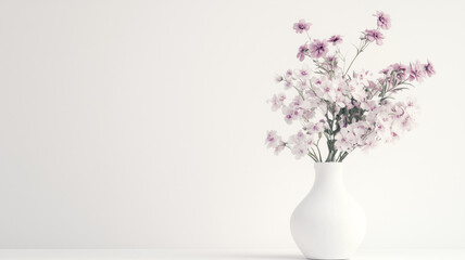 Classic White Ceramic Vase with Delicate Floral Arrangement on White Backdrop