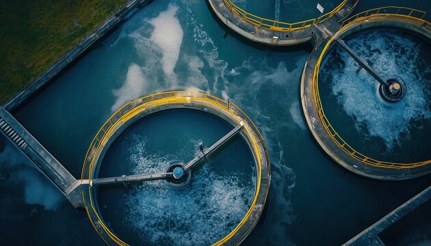 Aerial Top View Of Drinking Water Treatment Plants: Exploring The Microbiology Of Water Production And Distribution In Urban Areas Through Water Management And Recycling.