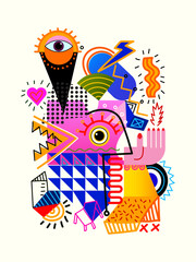 Abstract face portrait geometric, shapes and doodle outline hand drawn vector illustration. Contemporary trendy art design for art print, wall art, cover, poster, decoration and prints.