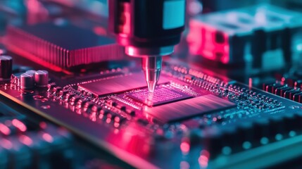Close-up of a robotic arm performing precision soldering on a circuit board under neon lighting, representing advanced electronics manufacturing.

