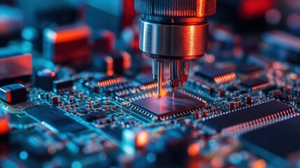 A close-up image of a laser etching process on a microchip circuit board, highlighting the precision and intricacy of modern electronics manufacturing.
