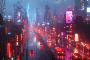 Fototapeta premium futuristic cityscape with sleek skyscrapers hovering vehicles holographic billboards and geometric patterns bathed in neon blue and purple hues