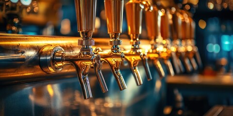 Close-up of multiple beer taps in a bar or pub, Alcohol concept. Vintage style. Beer craft. Bar table. Steel taps. Shiny taps.