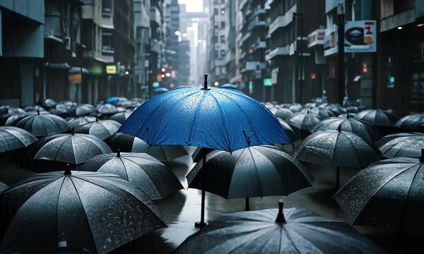 Blue Umbrella in a Sea of Black