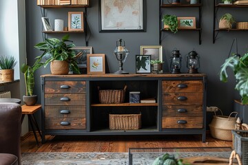 Rustic wood and black steel storage cabinet with four drawers and two doors, surrounded by shelves with books, photo frames, and plants. Cozy office setting with textured rug, woven basket, and glass 