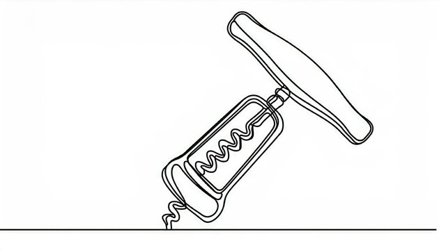 recommend clip art: Single continuous line drawing of wine corkscrew and wine bottle; isolated on white background