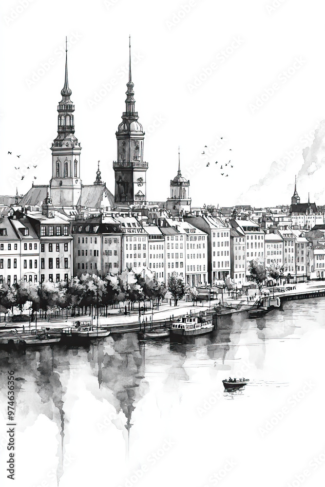 Wall mural Copenhagen, Denmark, black and white pen pencil hand-drawn effect portrait drawing illustration for travel poster, card, wallpaper, backdrop or banner. Modern, clear, artistic and simple