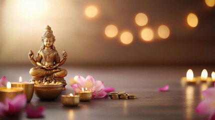colourful and beautiful goddess Laxmi statue sits on a table surrounded by flowers and candles