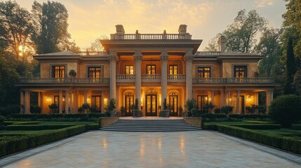 Naklejka premium A grand mansion with classical architecture, surrounded by lush greenery at sunset.