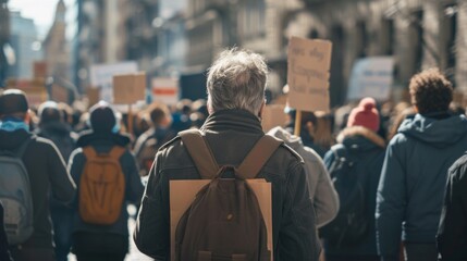 A man with a backpack is walking in a crowd of protesters