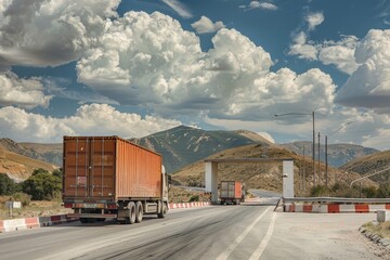 Obraz premium International Freight Logistics - Cargo Truck at Border Checkpoint with Customs Officers
